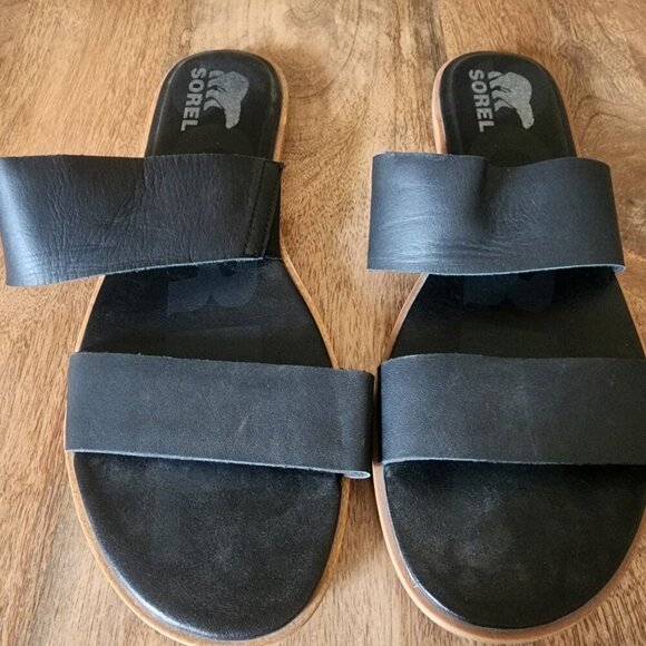 Sorel Ella II Flat Leather Slip-On Black Slide Sandals Womens Size 11 - Picture 3 of 11